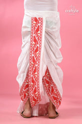 Red jamdani border mayur puccha silk dhoti - ready to wear white red embroidered sarong intricate 3