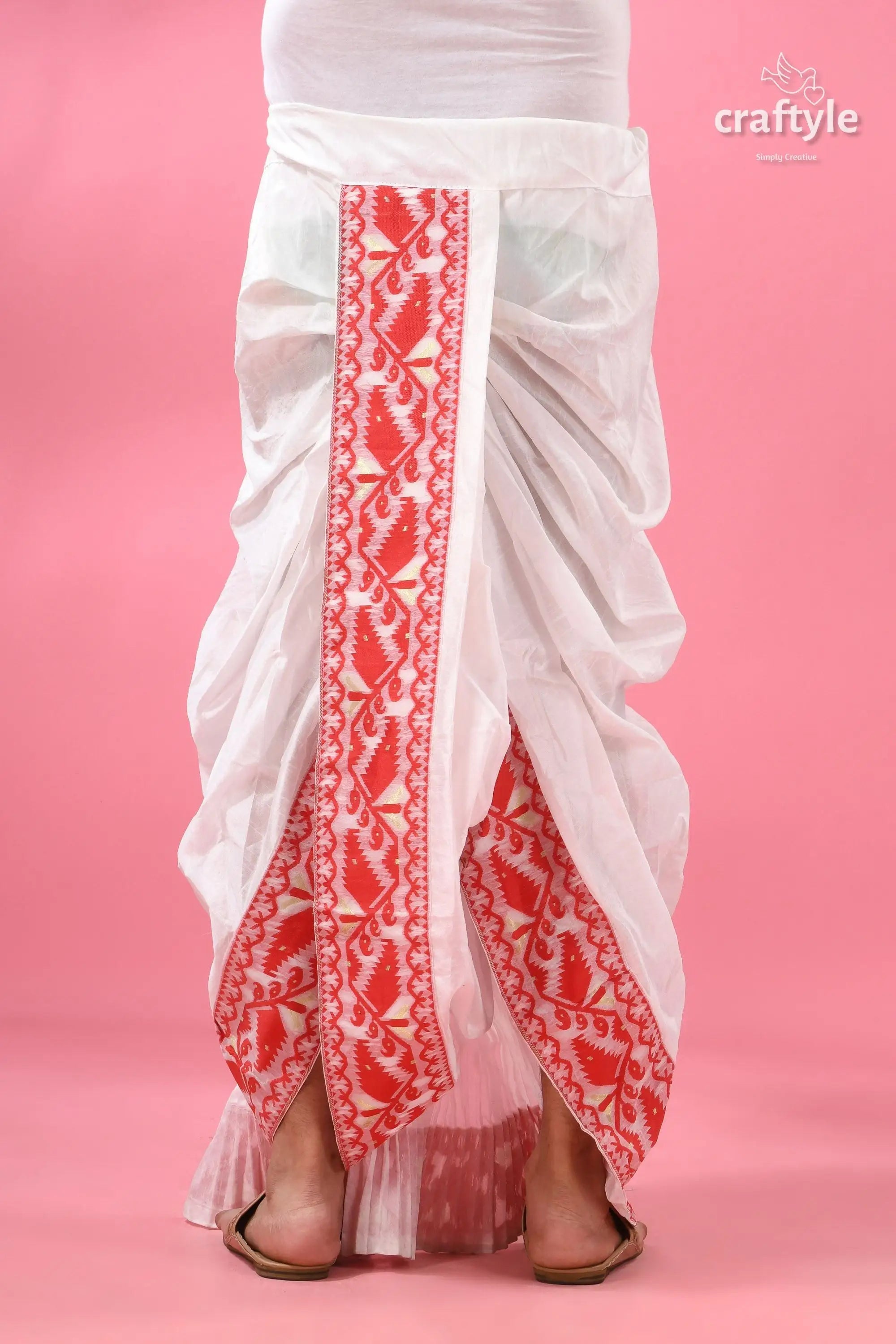 Red jamdani border mayur puccha silk dhoti - ready to wear white red embroidered sarong intricate 3