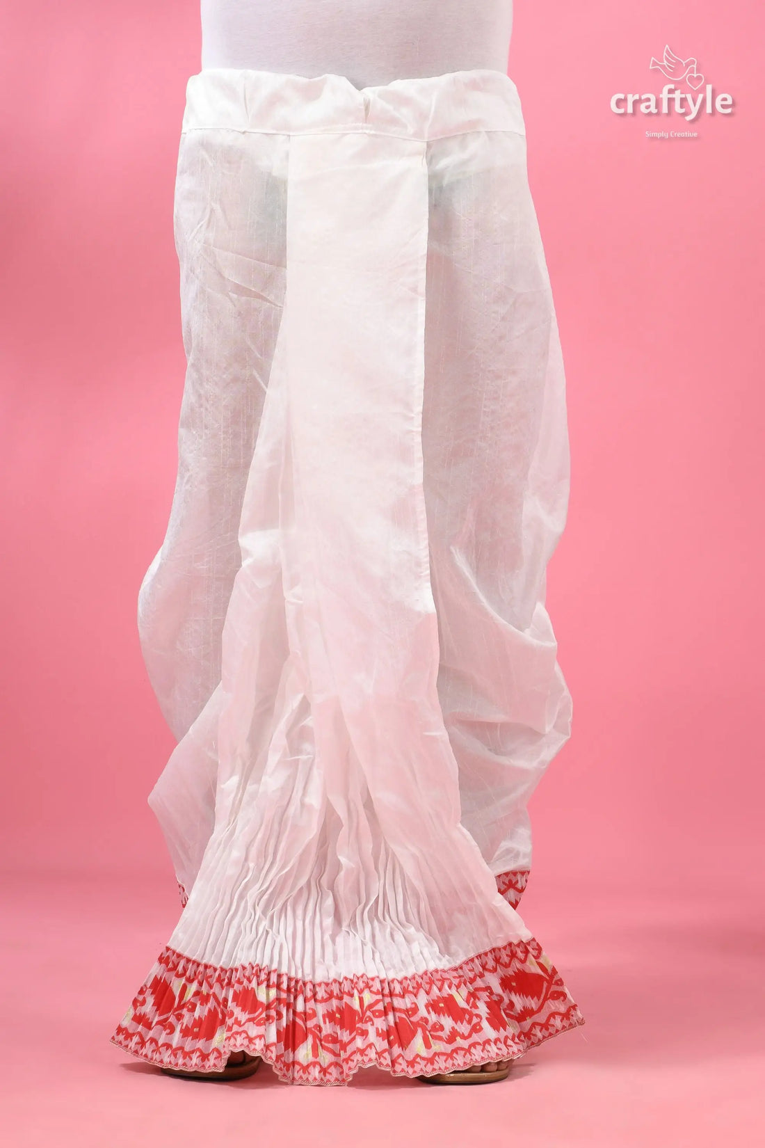 Red jamdani border mayur puccha silk dhoti - ready to wear white embroidered pants red accents 1