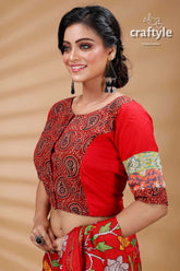 Red Kalamkari Printed Designer Cotton Blouse - Craftyle