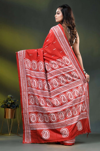 Red paisley design hand embroidered silk kantha stitch saree 5