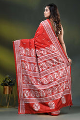 Red paisley design hand embroidered silk kantha stitch saree 6