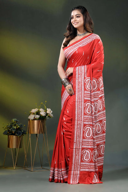 Red paisley design hand embroidered silk kantha stitch saree 3