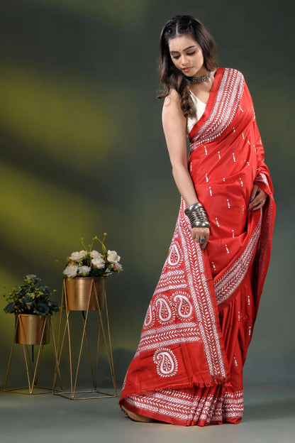 Red paisley design hand embroidered silk kantha stitch saree 4