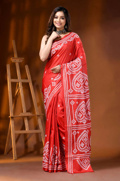 Red paisley hand embroidered ethnic silk gujarati stitch saree 7