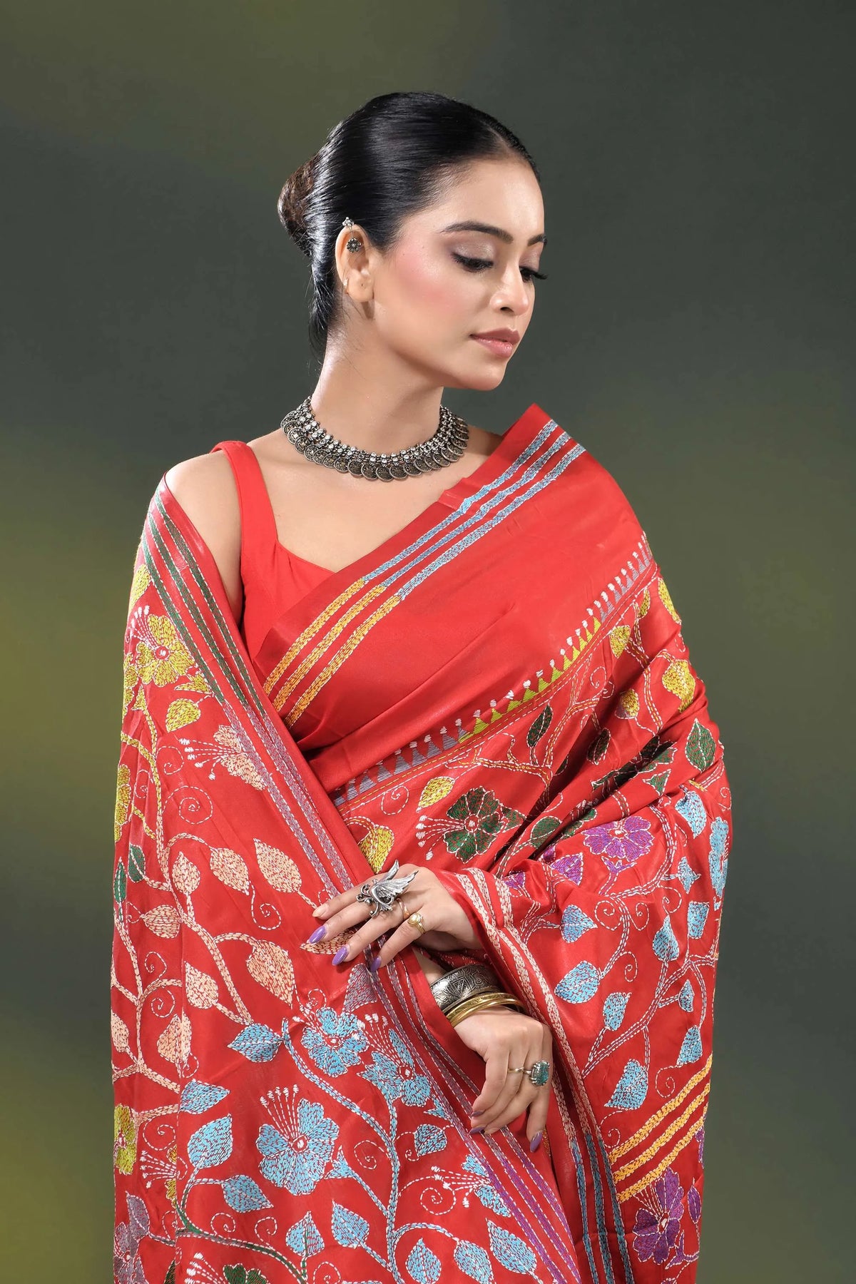 Red silk kantha saree with multicolor floral vine embroidery 2