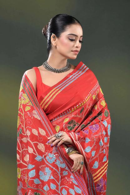 Red silk kantha saree with multicolor floral vine embroidery 2