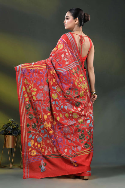 Red silk kantha saree with multicolor floral vine embroidery 4