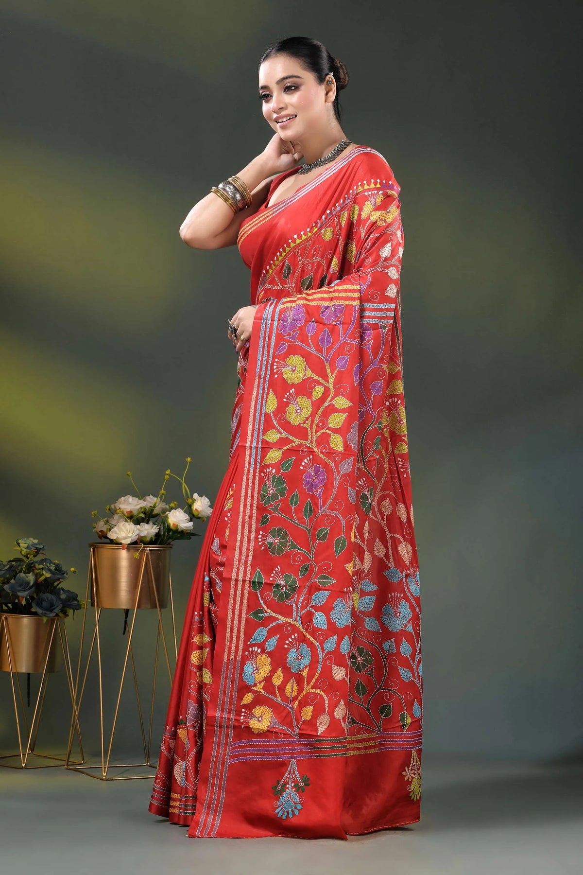 Red silk kantha saree with multicolor floral vine embroidery 3