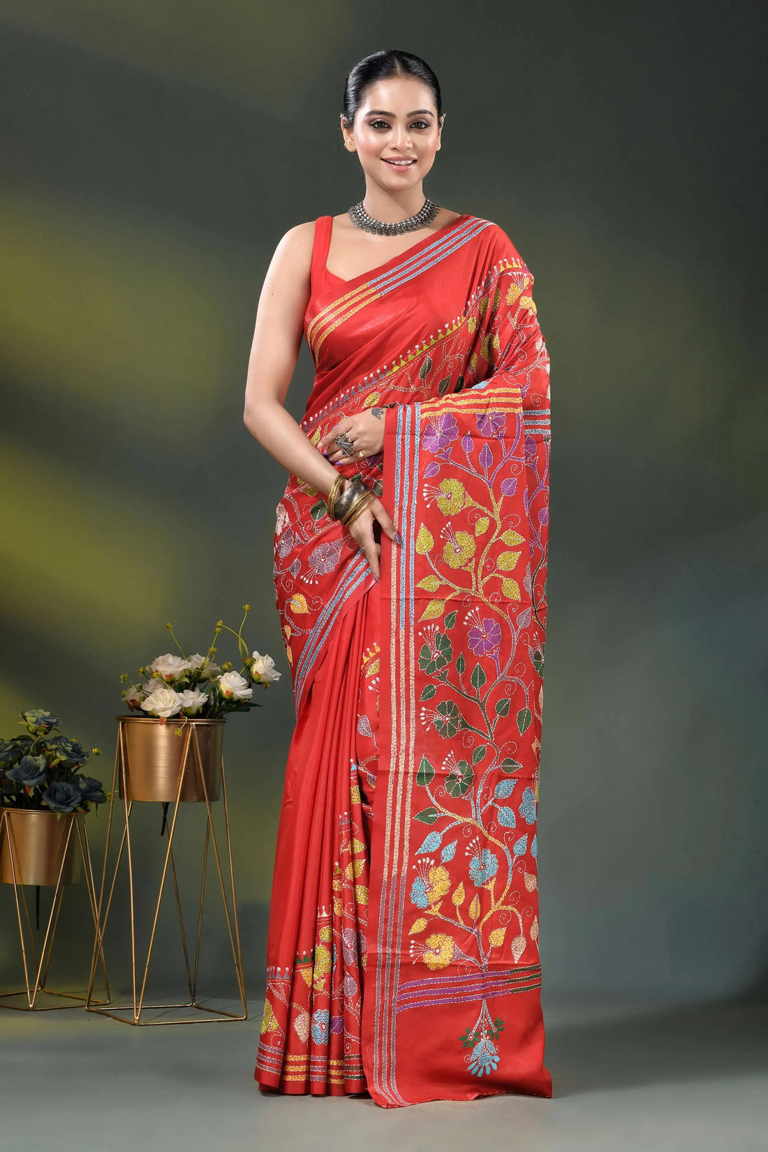 Red silk kantha saree with multicolor floral vine embroidery 1
