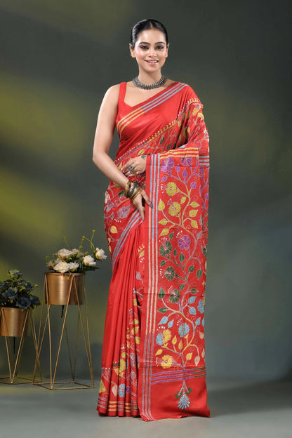 Red silk kantha saree with multicolor floral vine embroidery 1