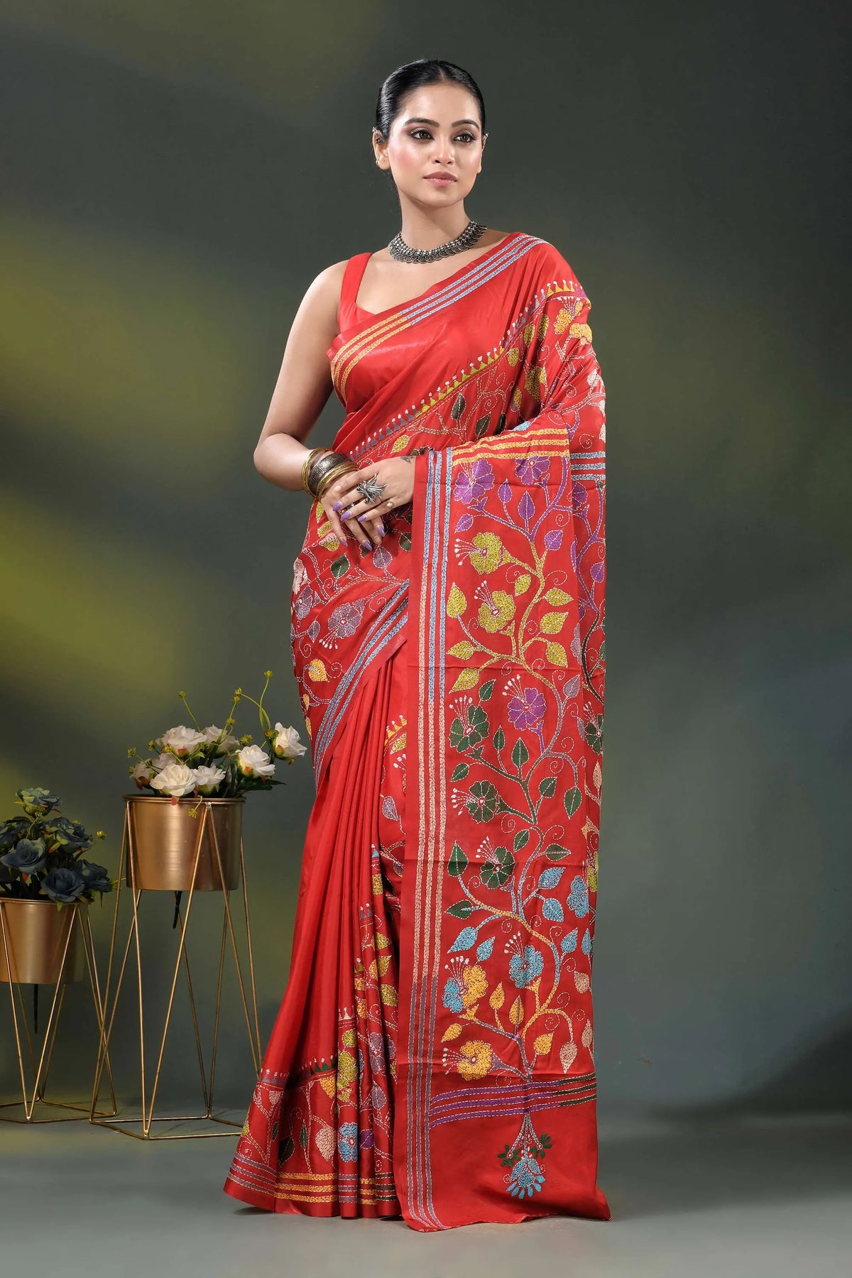 Red silk kantha saree with multicolor floral vine embroidery 6