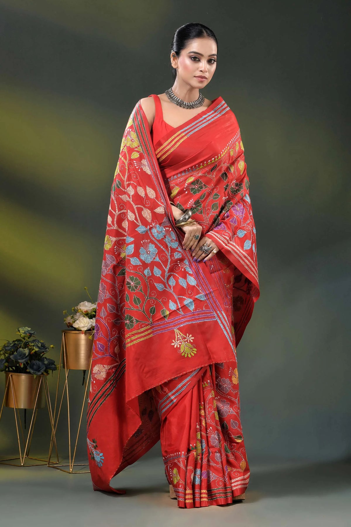Red silk kantha saree with multicolor floral vine embroidery 5