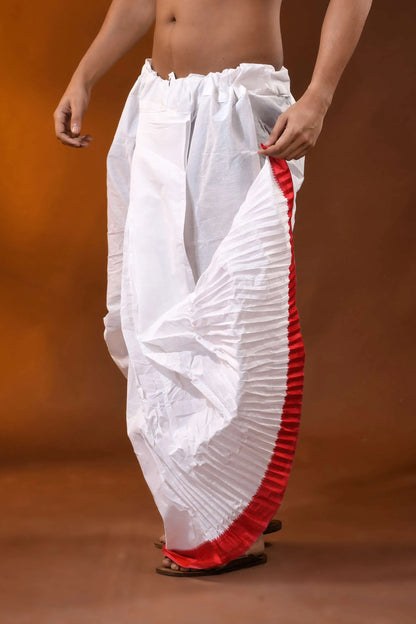 Red temple border mayur puchha pure cotton dhoti - ready to wear 2