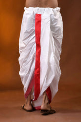 Red temple border mayur puchha pure cotton dhoti - ready to wear 3