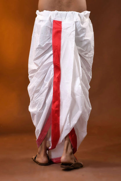 Red temple border mayur puchha pure cotton dhoti - ready to wear 3