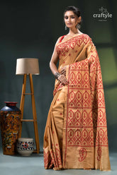 Red thread embroidery tan color handmade gujrati stitch silk saree gold orange saree intricate red 3