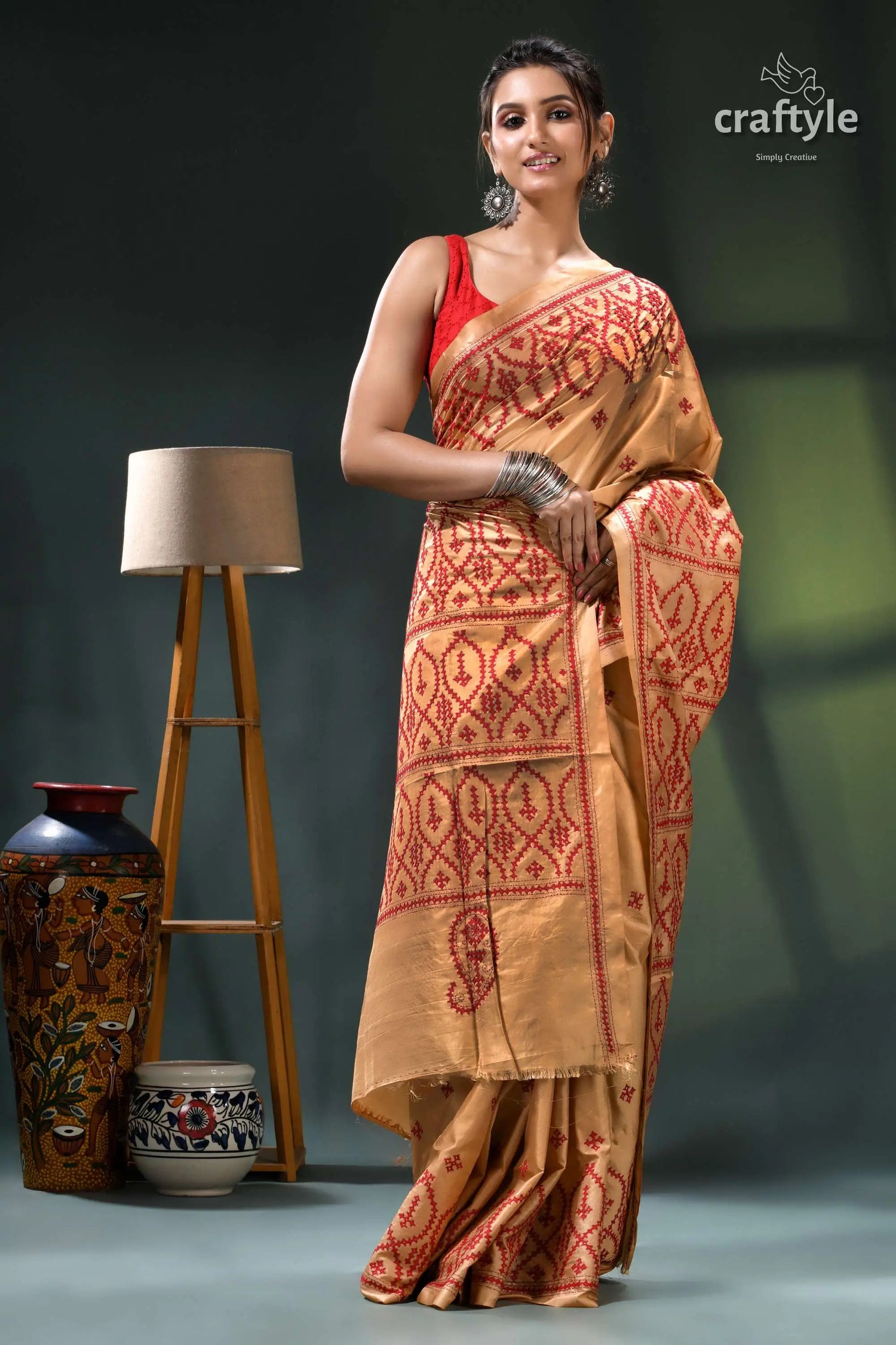 Red thread embroidery tan color handmade gujrati stitch silk saree golden saree intricate red black 4