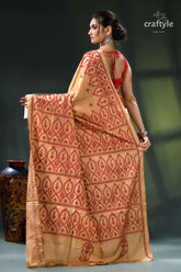 Red thread embroidery tan color handmade gujrati stitch silk saree peach gold saree intricate paisley 5