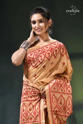 Red thread embroidery tan color handmade gujrati stitch silk saree beige red patterned saree intricate 2