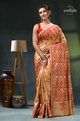 Red thread embroidery tan color handmade gujrati stitch silk saree peach gold saree intricate geometric 6