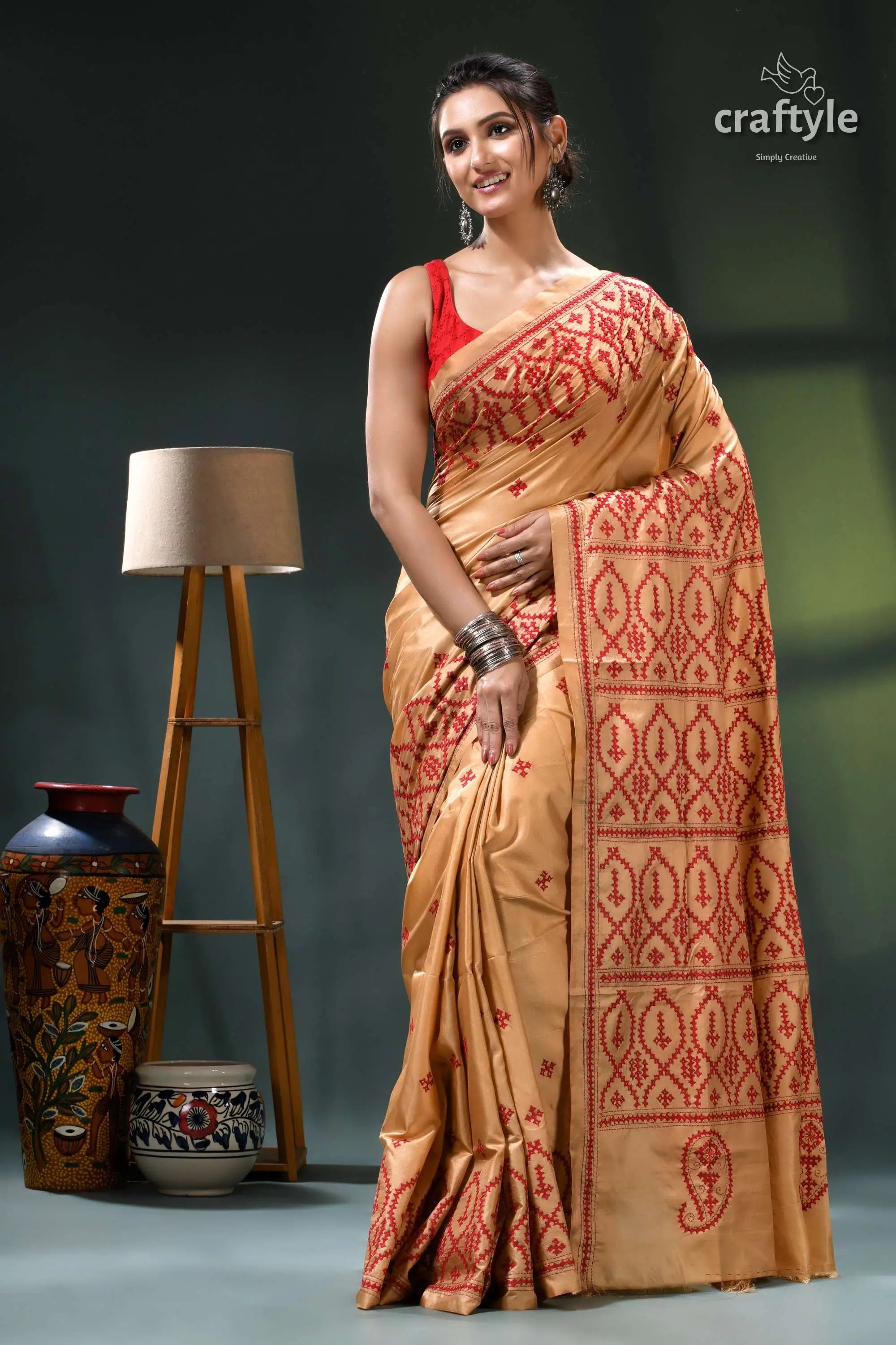 Red thread embroidery tan color handmade gujrati stitch silk saree peach gold saree intricate geometric 6