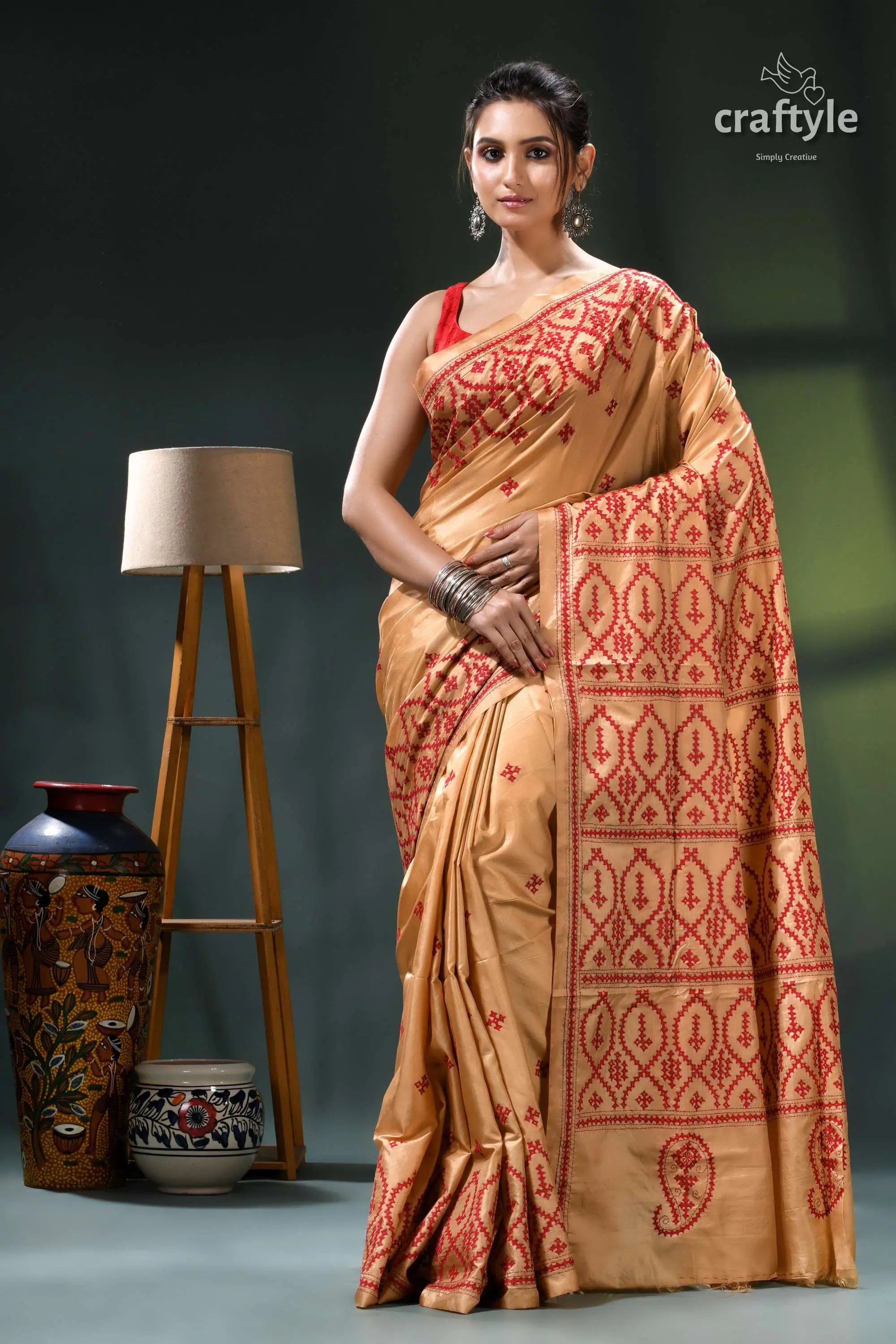 Red thread embroidery tan color handmade gujrati stitch silk saree peach orange saree intricate patterns 1