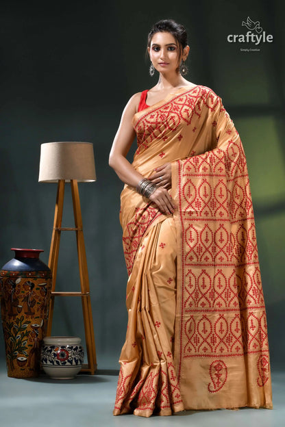 Red thread embroidery tan color handmade gujrati stitch silk saree peach orange saree intricate patterns 1