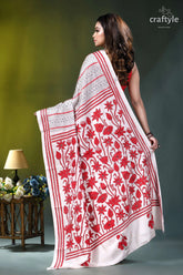 Red thread floral design handcrafted silk kantha saree in white white red floral-patterned saree intricate 6