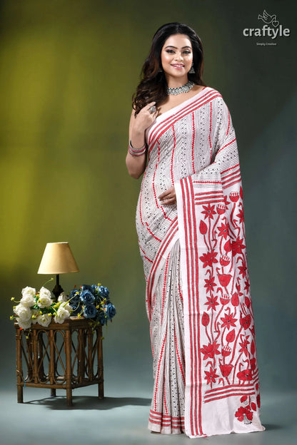 Red thread floral design handcrafted silk kantha saree in white white red embroidered saree floral 1