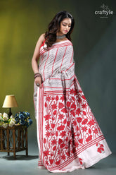 Red thread floral design handcrafted silk kantha saree in white woman wears white red printed 4