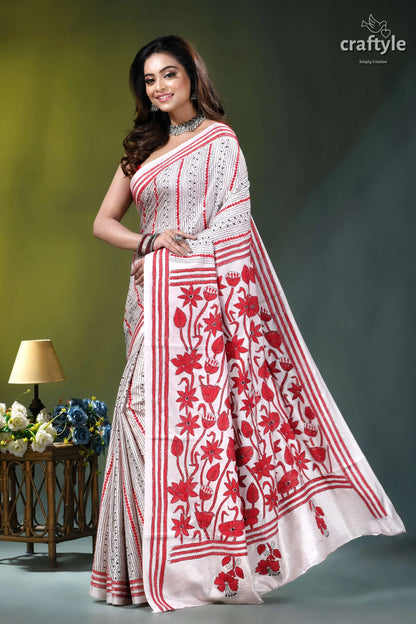 Red thread floral design handcrafted silk kantha saree in white woman wears white red floral-patterned 3