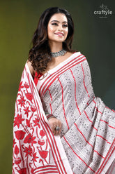 Red thread floral design handcrafted silk kantha saree in white white red patterned sari intricate 2