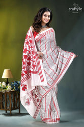 Red thread floral design handcrafted silk kantha saree in white woman wears white red patterned 5