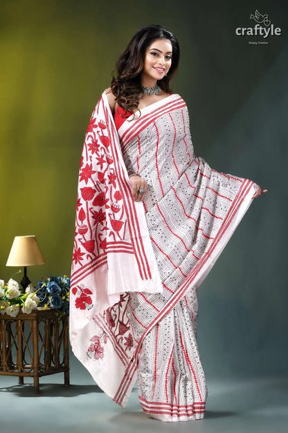 Red thread floral design handcrafted silk kantha saree in white woman wears white red patterned 5