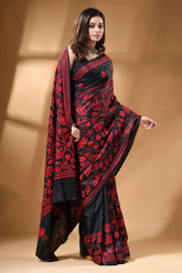 Red thread floral motif handmade silk kantha saree in black black saree vibrant red floral 7
