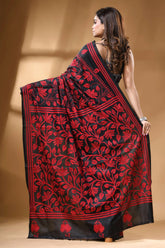Red thread floral motif handmade silk kantha saree in black black silk saree vibrant red 6