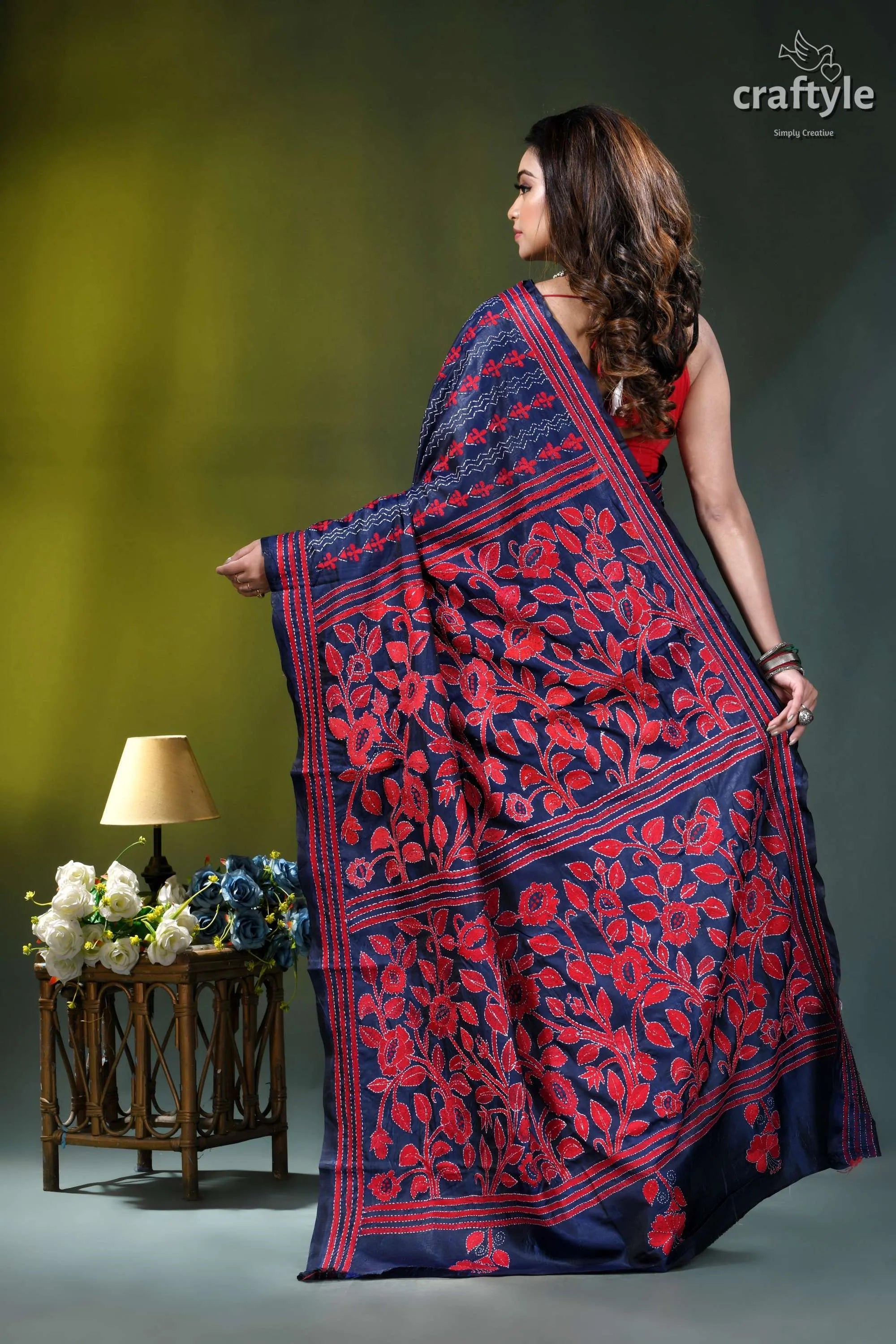 Red thread floral silk kantha work saree in midnight blue navy blue saree intricate red 4