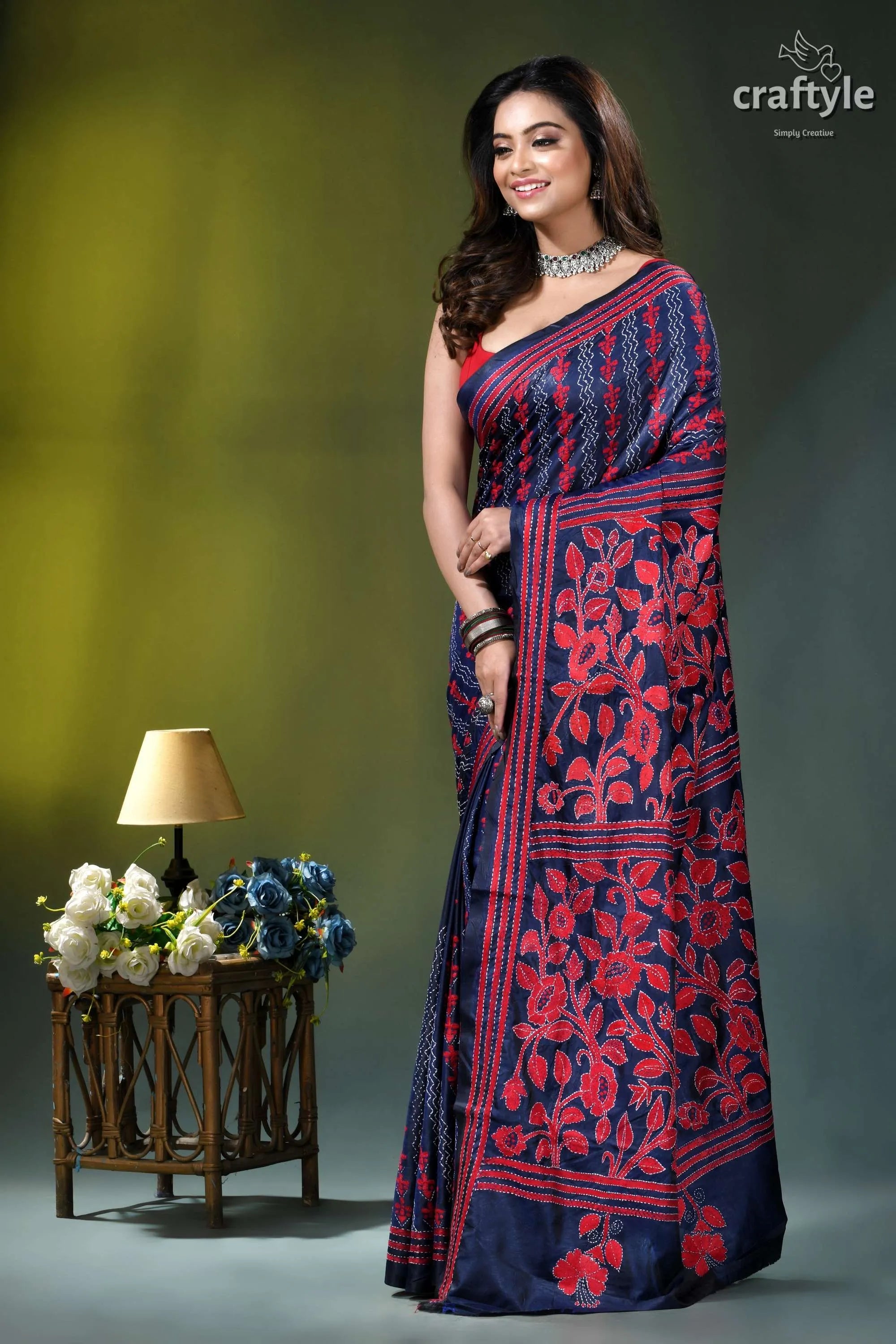 Red thread floral silk kantha work saree in midnight blue woman wears navy blue saree 2