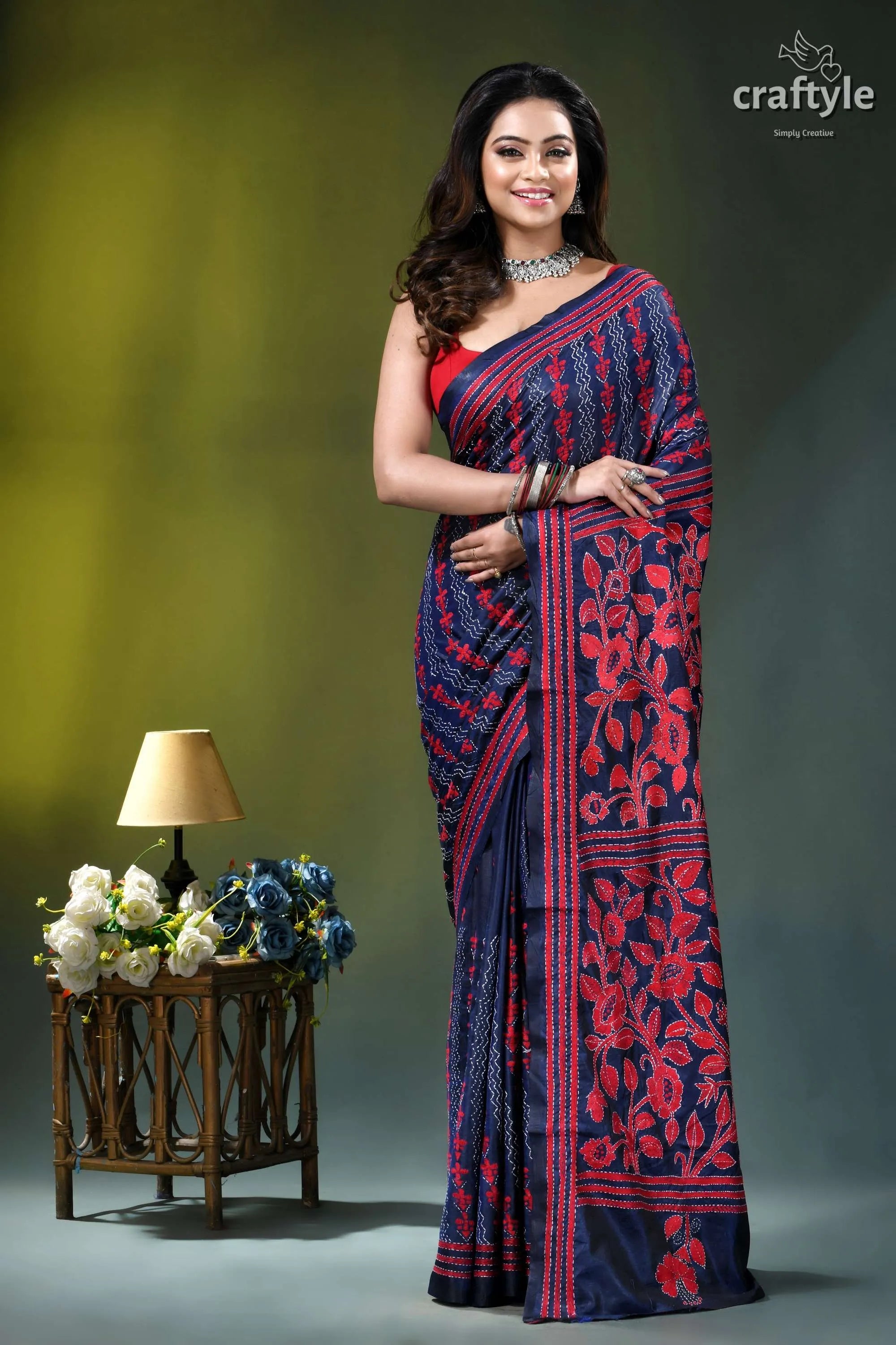 Red thread floral silk kantha work saree in midnight blue navy blue red embroidered silk 1