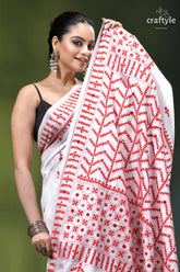 Red thread gujrati stitch premium white silk saree - mirror work white saree intricate red embroidery 2