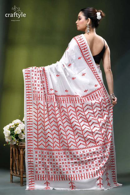 Red thread gujrati stitch premium white silk saree - mirror work white saree intricate red embroidery 5