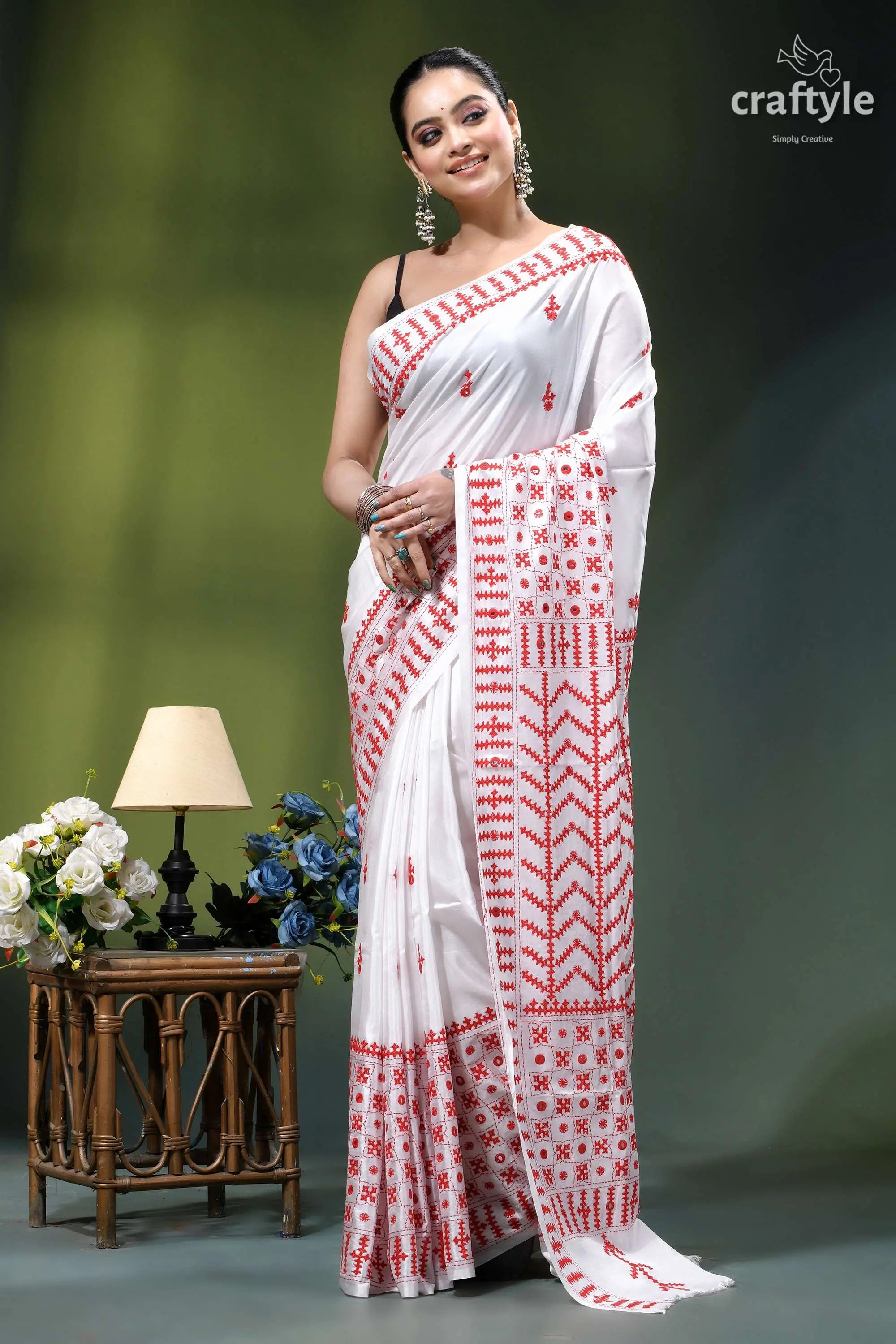 Red thread gujrati stitch premium white silk saree - mirror work white saree intricate red embroidery 6