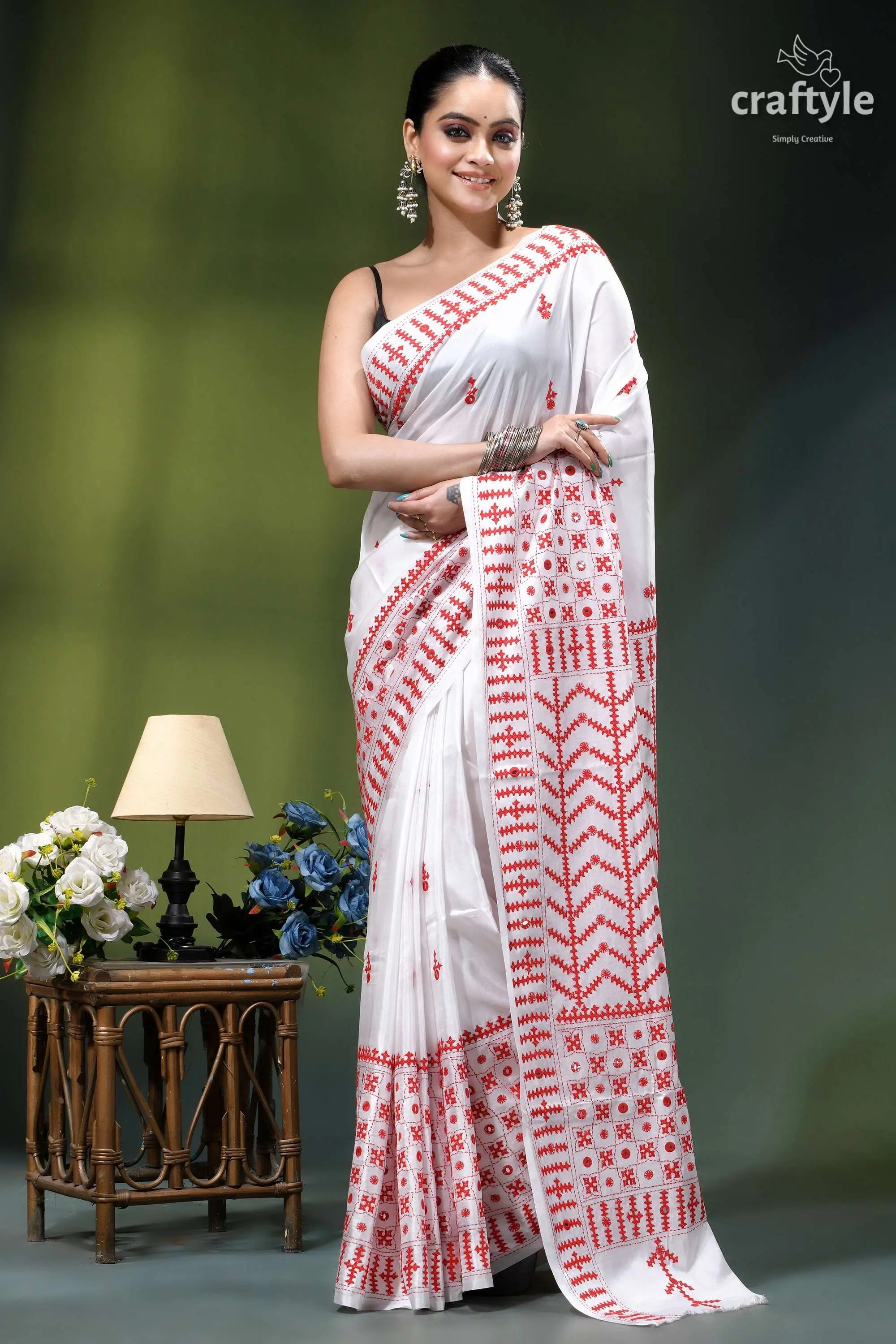 Red thread gujrati stitch premium white silk saree - mirror work white saree intricate red embroidery 1