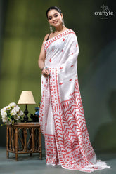 Red thread gujrati stitch premium white silk saree - mirror work white saree intricate red embroidery 4