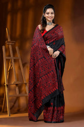 Red thread handcrafted ethnic motif black kantha work silk saree 4