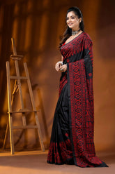 Red thread handcrafted ethnic motif black kantha work silk saree 3