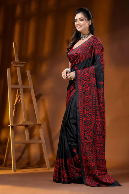 Red thread handcrafted ethnic motif black kantha work silk saree 3