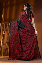 Red thread handcrafted ethnic motif black kantha work silk saree 5