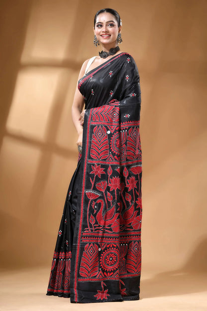 Red thread swan motif floral silk kantha stitch saree in black intricate 3
